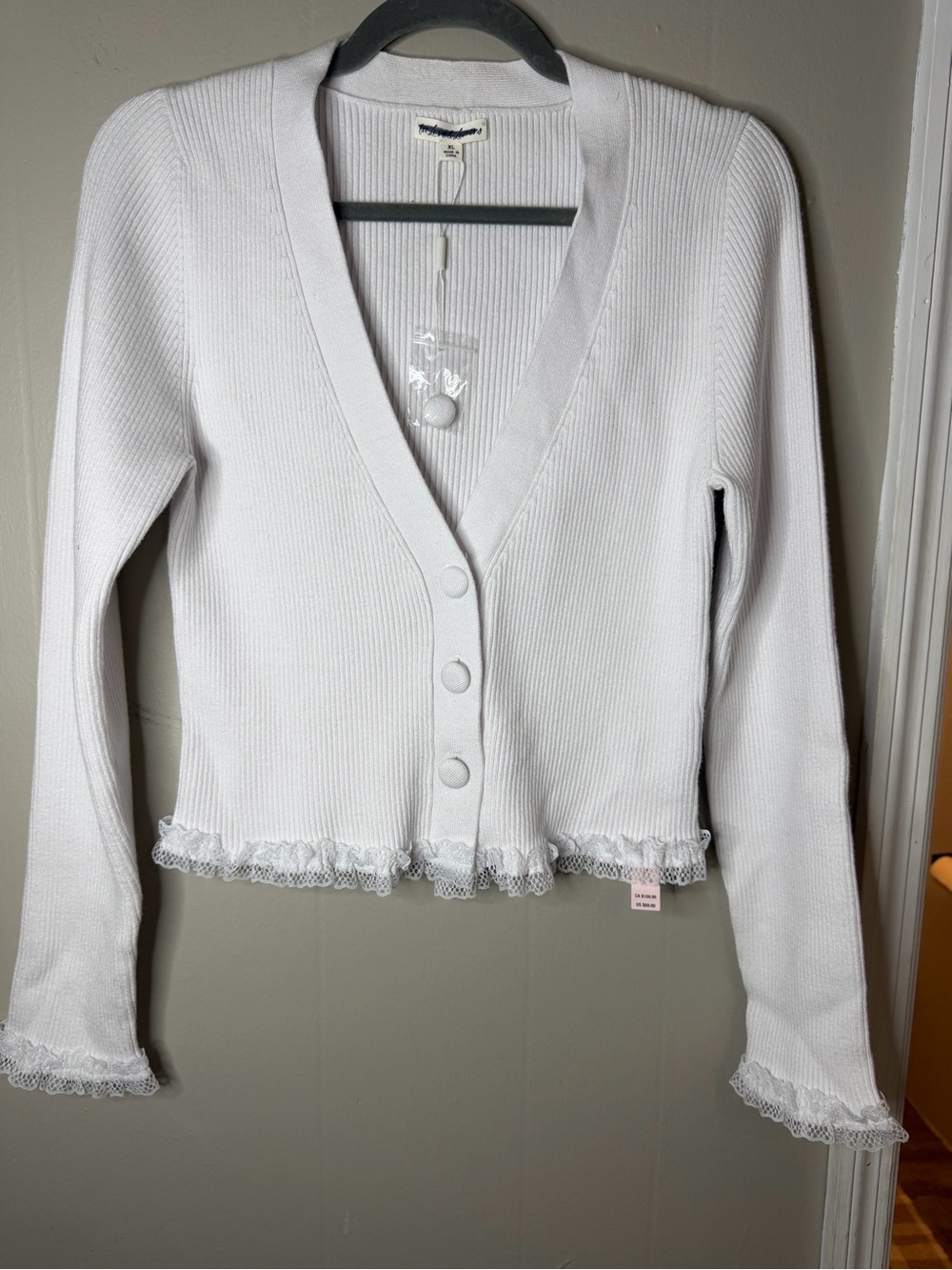 For Love & Lemons Nina Ribbed Cardigan White XL NWT Lace-Trim Button Front